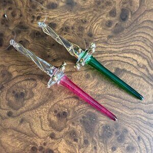 Hand-Blown Glass Sword Ornaments In Pink & Green With Gold Accents MCM Atomic